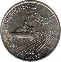 reverse of 10 Centimes - FAO (1981) coin with KM# 146 from Haiti. Inscription: DEVELOPPEMENT 1981 0.10 GOURGES