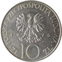 obverse of 10 Złotych - Adam Mickiewicz (1975 - 1976) coin with Y# 74 from Poland. Inscription: POLSKA RZECZPOSPOLITA LUDOWA 1975 ZŁ 10 ZŁ