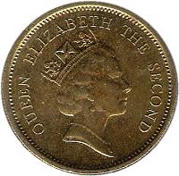 obverse of 50 Cents - Elizabeth II - 3'rd Portrait (1988 - 1990) coin with KM# 62 from Hong Kong. Inscription: QUEEN ELIZABETH THE SECOND