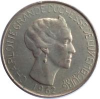 obverse of 5 Francs - Charlotte (1962) coin with KM# 51 from Luxembourg. Inscription: CHARLOTTE GRANDE DUCHESSE DE LUXEMBOURG J.N.LEFEVRE 1962