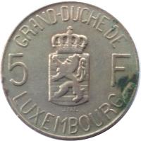 Luxembourg coin 5 Francs - Charlotte (1962) reverse reverse of 5 Francs - Charlotte (1962) coin with KM# 51 from Luxembourg. Inscription: GRAND DUCHE DE 5 F JNL LUXEMBOURG