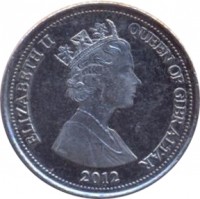 obverse of 10 Pence - Elizabeth II - The Great Siege 1779 - 1783 - 3'rd Portrait (2012 - 2013) coin with KM# 1102 from Gibraltar. Inscription: ELIZABETH II QUEEN OF GIBRALTAR RDM 2013