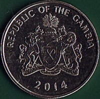 Gambia coin 25 Bututs - Magnetic (2014) obverse obverse of 25 Bututs - Magnetic (2014) coin with KM# 57a from Gambia. Inscription: REPUBLIC OF GAMBIA PROGRESS PEACE PROSPERITY 2014