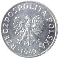 obverse of 1 Grosz (1949) coin with Y# 39 from Poland. Inscription: RZECZPOSPOLITA POLSKA 1949