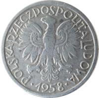 Poland coin 2 Złote (1958 - 1974) obverse obverse of 2 Złote (1958 - 1974) coin with Y# 46 from Poland. Inscription: POLSKA RZECZPOSPOLITA LUDOWA · 1958 ·