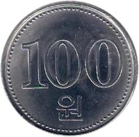 reverse of 100 Won (2005) coin with KM# 427 from Korea. Inscription: 100