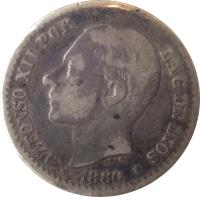 Spain coin 50 Centimos - Alfonso XII (1880 - 1885) obverse obverse of 50 Centimos - Alfonso XII (1880 - 1885) coin with KM# 685 from Spain. Inscription: ALFONSO XII POR LA G · DE DIOS G.S. * 1880 *