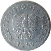 obverse of 1 Złoty (1949) coin with Y# 45a from Poland. Inscription: RZECZPOSPOLITA POLSKA · 1949 ·