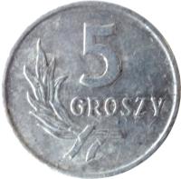 Poland coin 5 Groszy (1958 - 1972) reverse reverse of 5 Groszy (1958 - 1972) coin with Y# A46 from Poland. Inscription: 5 GROSZY