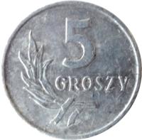 reverse of 5 Groszy (1958 - 1972) coin with Y# A46 from Poland. Inscription: 5 GROSZY