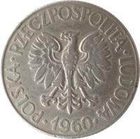 obverse of 10 Złotych - Larger (1959 - 1966) coin with Y# 50 from Poland. Inscription: POLSKA · RZECZPOSPOLITA · LUDOWA · 1960 ·