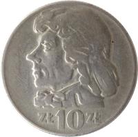 Poland coin 10 Złotych - Larger (1959 - 1966) reverse reverse of 10 Złotych - Larger (1959 - 1966) coin with Y# 50 from Poland. Inscription: ZŁ 10 ZŁ
