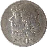 reverse of 10 Złotych - Larger (1959 - 1966) coin with Y# 50 from Poland. Inscription: ZŁ 10 ZŁ