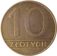 Poland coin 10 Złotych (1989 - 1990) reverse reverse of 10 Złotych (1989 - 1990) coin with Y# 152.2 from Poland. Inscription: 10 ZŁOTYCH