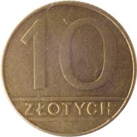 reverse of 10 Złotych (1989 - 1990) coin with Y# 152.2 from Poland. Inscription: 10 ZŁOTYCH