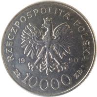 obverse of 10 000 Złotych - Solidarnosc (1990) coin with Y# 195 from Poland. Inscription: RZECZPOSPOLITA · POLSKA 1990 · ZŁ 10000 ZŁ ·