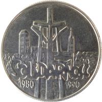 Poland coin 10 000 Złotych - Solidarnosc (1990) reverse reverse of 10 000 Złotych - Solidarnosc (1990) coin with Y# 195 from Poland. Inscription: SOLIDARNOSC 1980 1990