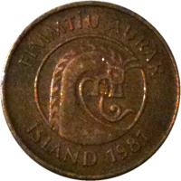 Iceland coin 50 Aurar (1981) obverse obverse of 50 Aurar (1981) coin with KM# 26 from Iceland. Inscription: FIMMTÍU AURAR ÍSLAND 1981