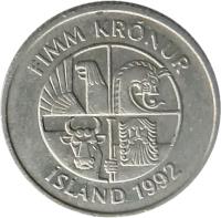Iceland coin 5 Krónur (1981 - 1992) obverse obverse of 5 Krónur (1981 - 1992) coin with KM# 28 from Iceland. Inscription: FIMM KRÓNUR ÍSLAND 1992