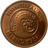 obverse of 50 Aurar (1986) coin with KM# 26a from Iceland. Inscription: FIMMTIU AURAR ISLAND 1986