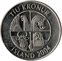 Iceland coin 10 Krónur (1996 - 2008) obverse obverse of 10 Krónur (1996 - 2008) coin with KM# 29.1a from Iceland. Inscription: TÍU KRÓNUR ÍSLAND 2004
