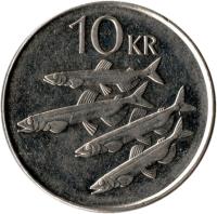 Iceland coin 10 Krónur (1996 - 2008) reverse reverse of 10 Krónur (1996 - 2008) coin with KM# 29.1a from Iceland. Inscription: 10 KR