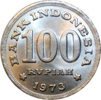 reverse of 100 Rupiah (1973) coin with KM# 36 from Indonesia. Inscription: BANK INDONESIA 100 RUPIAH 1973