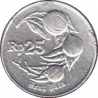 reverse of 25 Rupiah (1991 - 1996) coin with KM# 55 from Indonesia. Inscription: Rp 25 Buah Pula