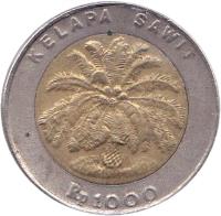reverse of 1000 Rupiah (1993 - 2000) coin with KM# 56 from Indonesia. Inscription: KELAPA SAWIT Rp 1000