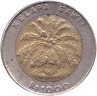 Indonesia coin 1000 Rupiah (1993 - 2000) reverse reverse of 1000 Rupiah (1993 - 2000) coin with KM# 56 from Indonesia. Inscription: KELAPA SAWIT Rp 1000