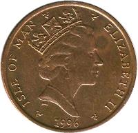 obverse of 1 Penny - Elizabeth II - 3'rd Portrait (1996 - 1998) coin with KM# 588 from Isle of Man. Inscription: ISLE OF MAN ELIZABETH II 1997