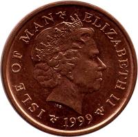 obverse of 2 Pence - Elizabeth II - 4'th Portrait (1998 - 1999) coin with KM# 901 from Isle of Man. Inscription: ISLE OF MAN ELIZABETH II 1999