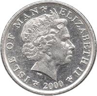 obverse of 5 Pence - Elizabeth II - 4'th Portrait (2000 - 2003) coin with KM# 1038 from Isle of Man. Inscription: ISLE OF MAN ELIZABETH II 2002
