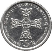 Isle of Man coin 5 Pence - Elizabeth II - 4'th Portrait (2000 - 2003) reverse reverse of 5 Pence - Elizabeth II - 4'th Portrait (2000 - 2003) coin with KM# 1038 from Isle of Man. Inscription: GAUT'S CROSS CARVING 5