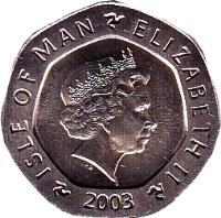 obverse of 20 Pence - Elizabeth II - 4'th Portrait (2000 - 2003) coin with KM# 1040 from Isle of Man. Inscription: ISLE OF MAN ELIZABETH II 2002