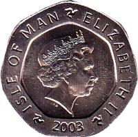 Isle of Man coin 20 Pence - Elizabeth II - 4'th Portrait (2000 - 2003) obverse obverse of 20 Pence - Elizabeth II - 4'th Portrait (2000 - 2003) coin with KM# 1040 from Isle of Man. Inscription: ISLE OF MAN ELIZABETH II 2002
