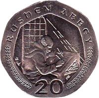 Isle of Man coin 20 Pence - Elizabeth II - 4'th Portrait (2000 - 2003) reverse reverse of 20 Pence - Elizabeth II - 4'th Portrait (2000 - 2003) coin with KM# 1040 from Isle of Man. Inscription: Rushen ABBEY 20