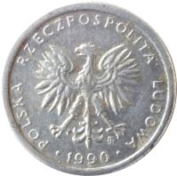 obverse of 1 Złoty - Smaller (1989 - 1990) coin with Y# 49.3 from Poland. Inscription: POLSKA RZECZPOSPOLITA LUDOWA · 1990 ·