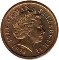 obverse of 1 Pound - Elizabeth II - 4'th Portrait (1998 - 1999) coin with KM# 906 from Isle of Man. Inscription: ISLE OF MAN ELIZABETH II IRB 1998