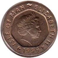 obverse of 20 Pence - Elizabeth II - 4'th Portrait (1998 - 1999) coin with KM# 904 from Isle of Man. Inscription: ISLE OF MAN ELIZABETH II 1999