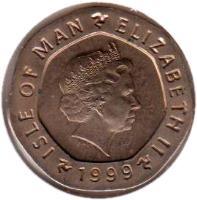 Isle of Man coin 20 Pence - Elizabeth II - 4'th Portrait (1998 - 1999) obverse obverse of 20 Pence - Elizabeth II - 4'th Portrait (1998 - 1999) coin with KM# 904 from Isle of Man. Inscription: ISLE OF MAN ELIZABETH II 1999
