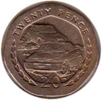 reverse of 20 Pence - Elizabeth II - 4'th Portrait (1998 - 1999) coin with KM# 904 from Isle of Man. Inscription: TWENTY PENCE 20