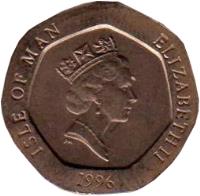 obverse of 20 Pence - Elizabeth II - 3'rd Portrait (1996 - 1997) coin with KM# 592 from Isle of Man. Inscription: ISLE OF MAN ELIZABETH II 1997