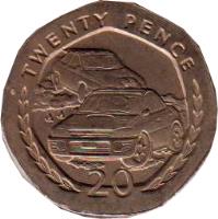 reverse of 20 Pence - Elizabeth II - 3'rd Portrait (1996 - 1997) coin with KM# 592 from Isle of Man. Inscription: TWENTY PENCE 20