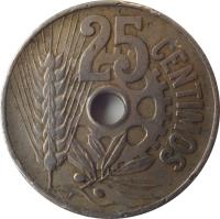 Spain coin 25 Centimos - 2'nd Republic (1934) reverse reverse of 25 Centimos - 2'nd Republic (1934) coin with KM# 751 from Spain. Inscription: 25 CENTIMOS