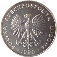 Poland coin 20 Złotych - Smaller (1989 - 1990) obverse obverse of 20 Złotych - Smaller (1989 - 1990) coin with Y# 153.2 from Poland. Inscription: POLSKA RZECZPOSPOLITA LUDOWA 1989