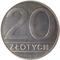 Poland coin 20 Złotych - Smaller (1989 - 1990) reverse reverse of 20 Złotych - Smaller (1989 - 1990) coin with Y# 153.2 from Poland. Inscription: 20 ZŁOTYCH