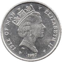 obverse of 5 Pence - Elizabeth II - 3'rd Portrait (1996 - 1997) coin with KM# 590 from Isle of Man. Inscription: ISLE OF MAN ELIZABETH II 1998
