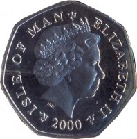 obverse of 50 Pence - Elizabeth II - 4'th Portrait (2000 - 2003) coin with KM# 1041 from Isle of Man. Inscription: ISLE OF MAN - ELIZABETH II 2000