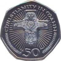 Isle of Man coin 50 Pence - Elizabeth II - 4'th Portrait (2000 - 2003) reverse reverse of 50 Pence - Elizabeth II - 4'th Portrait (2000 - 2003) coin with KM# 1041 from Isle of Man. Inscription: CHRISTIANITY IN MAN